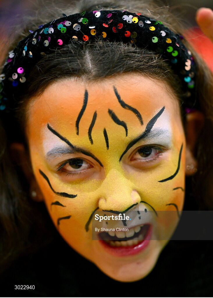 18 January 2025; Killester supporter Eibhe Westbrooks, aged 11, from Killester in Dublin, before the Basketball Ireland Men's Pat Duffy National Cup final match between Killester and UCC Demons at the National Basketball Arena in Tallaght, Dublin. Photo by Shauna Clinton/Sportsfile