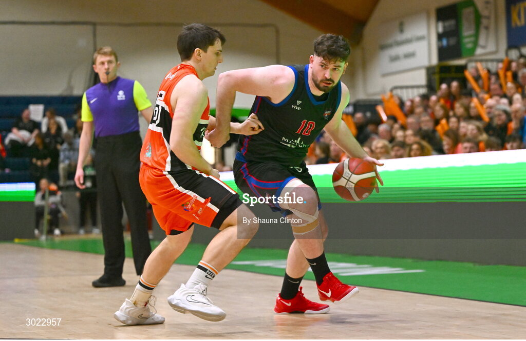 18 January 2025; David Lehane of UCC Demons in action against Ciaran Roe of Killester during the Basketball Ireland Men's Pat Duffy National Cup final match between Killester and UCC Demons at the National Basketball Arena in Tallaght, Dublin. Photo by Shauna Clinton/Sportsfile