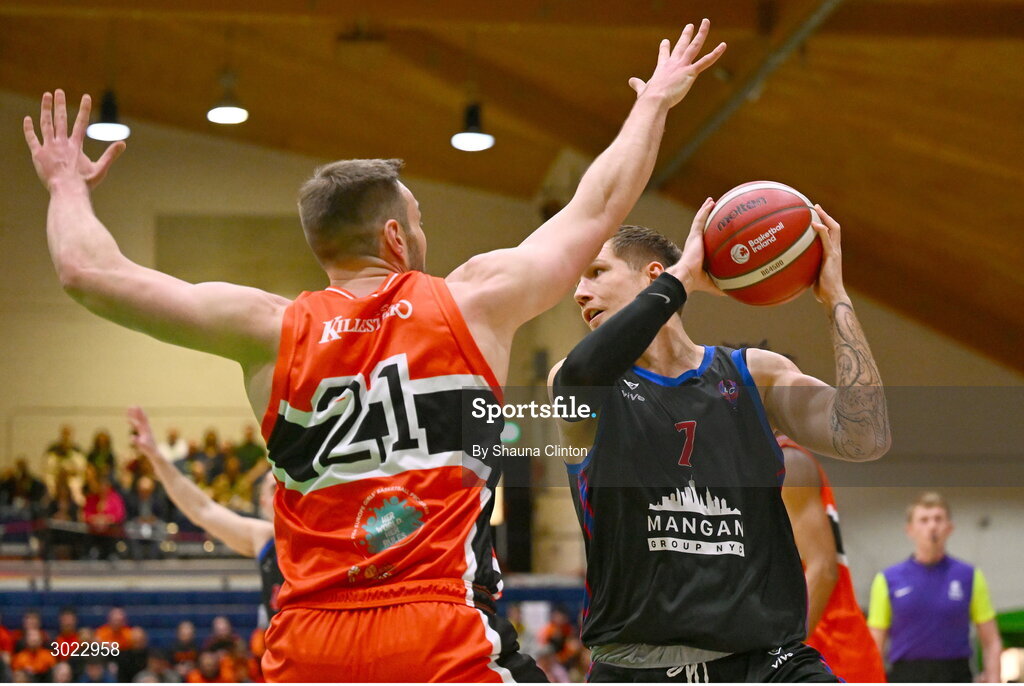 18 January 2025; Tobias Christensen of UCC Demons in action against Baptiste Chazelas of Killester during the Basketball Ireland Men's Pat Duffy National Cup final match between Killester and UCC Demons at the National Basketball Arena in Tallaght, Dublin. Photo by Shauna Clinton/Sportsfile
