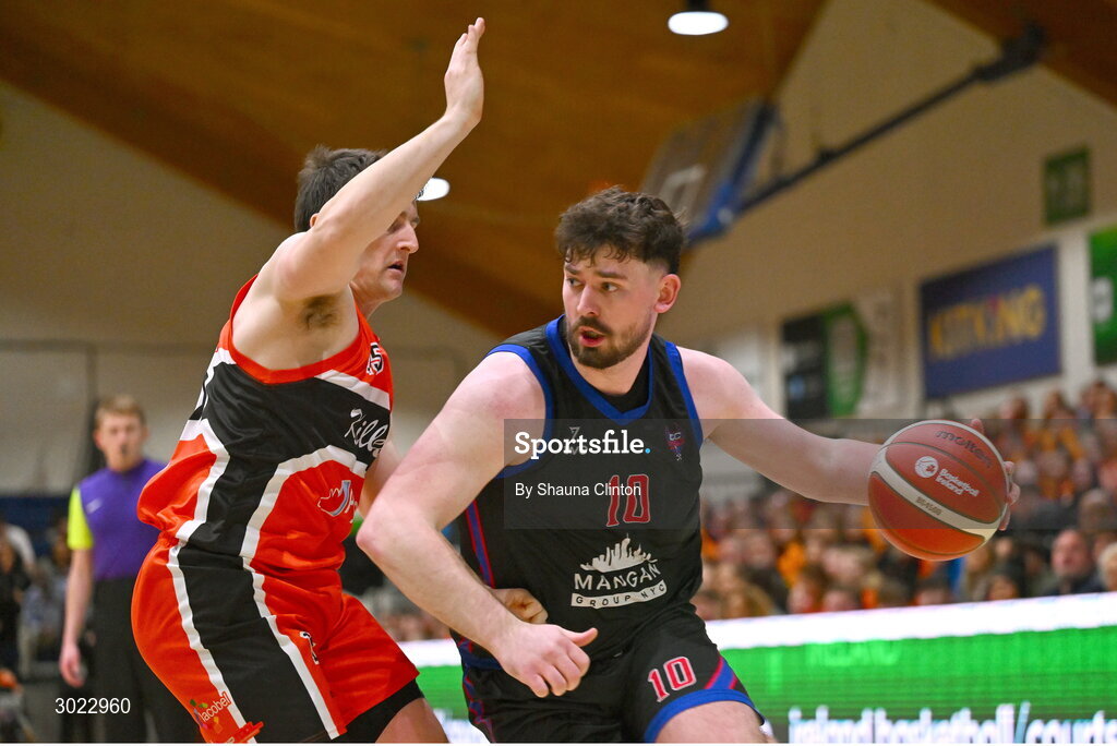 18 January 2025; David Lehane of UCC Demons in action against Ciaran Roe of Killester during the Basketball Ireland Men's Pat Duffy National Cup final match between Killester and UCC Demons at the National Basketball Arena in Tallaght, Dublin. Photo by Shauna Clinton/Sportsfile
