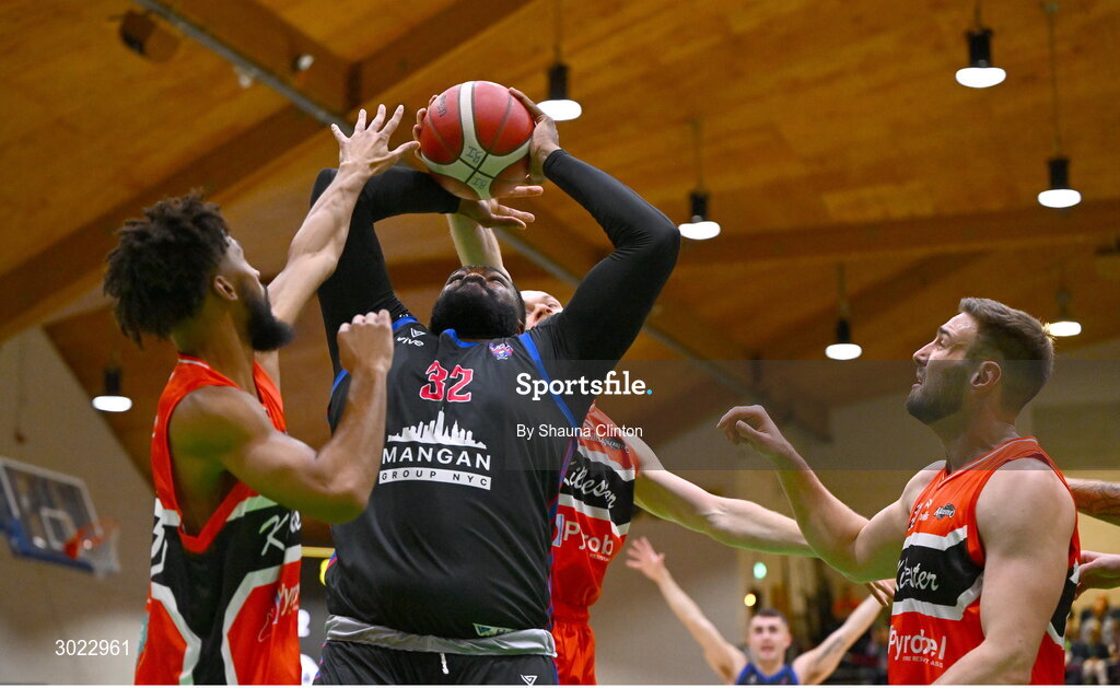 18 January 2025; Elijah Tillman of UCC Demons has a shot on basket during the Basketball Ireland Men's Pat Duffy National Cup final match between Killester and UCC Demons at the National Basketball Arena in Tallaght, Dublin. Photo by Shauna Clinton/Sportsfile
