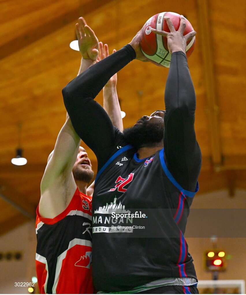 18 January 2025; Elijah Tillman of UCC Demons in action against Paul Dick of Killester during the Basketball Ireland Men's Pat Duffy National Cup final match between Killester and UCC Demons at the National Basketball Arena in Tallaght, Dublin. Photo by Shauna Clinton/Sportsfile
