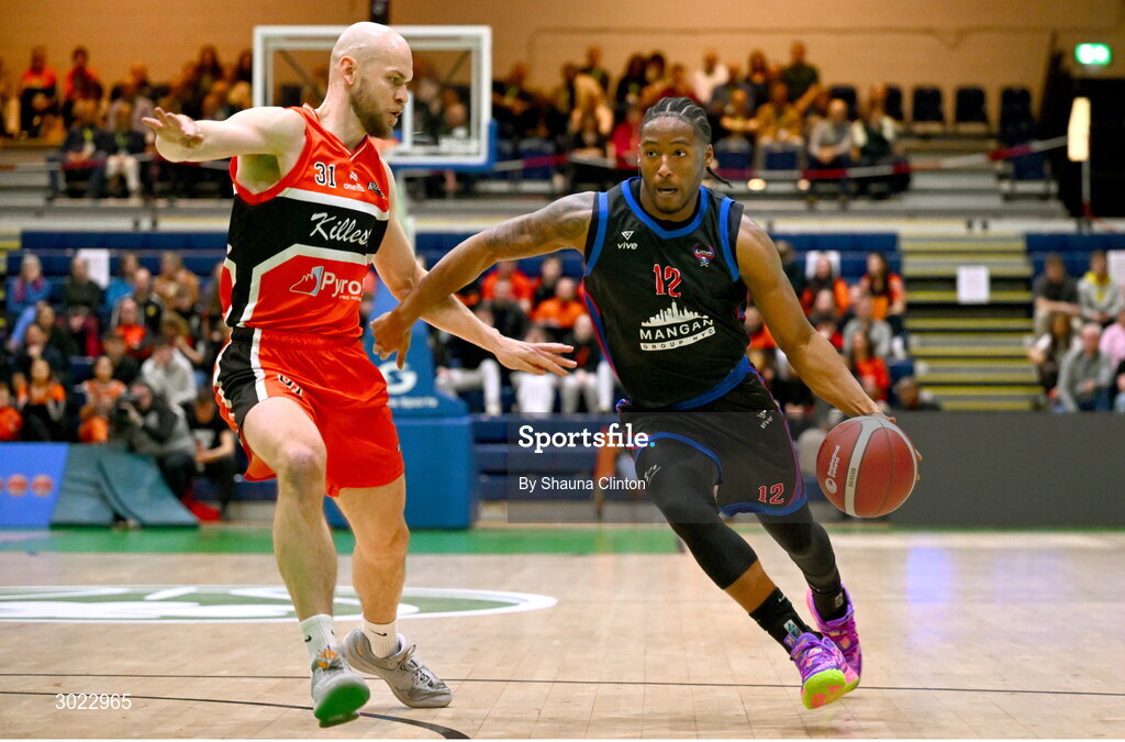 18 January 2025; Patrick Robinson of UCC Demons in action against Paul Dick of Killester during the Basketball Ireland Men's Pat Duffy National Cup final match between Killester and UCC Demons at the National Basketball Arena in Tallaght, Dublin. Photo by Shauna Clinton/Sportsfile