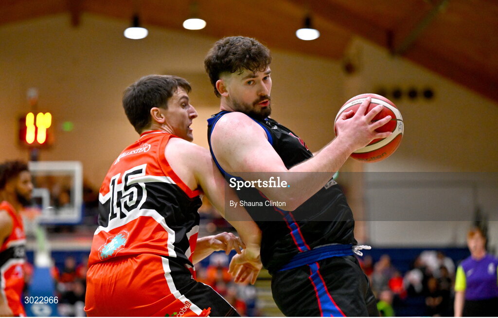 18 January 2025; David Lehane of UCC Demons in action against Ciaran Roe of Killester during the Basketball Ireland Men's Pat Duffy National Cup final match between Killester and UCC Demons at the National Basketball Arena in Tallaght, Dublin. Photo by Shauna Clinton/Sportsfile