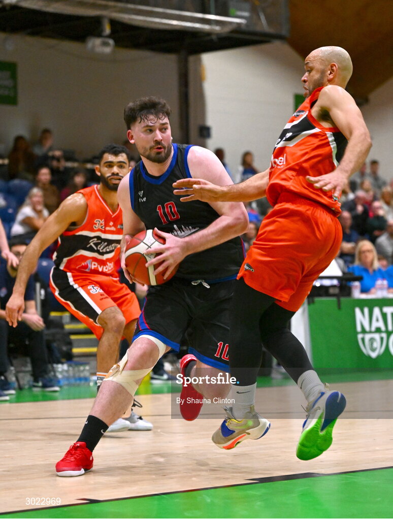 18 January 2025; David Lehane of UCC Demons in action against Isaac Westbrooks of Killester during the Basketball Ireland Men's Pat Duffy National Cup final match between Killester and UCC Demons at the National Basketball Arena in Tallaght, Dublin. Photo by Shauna Clinton/Sportsfile