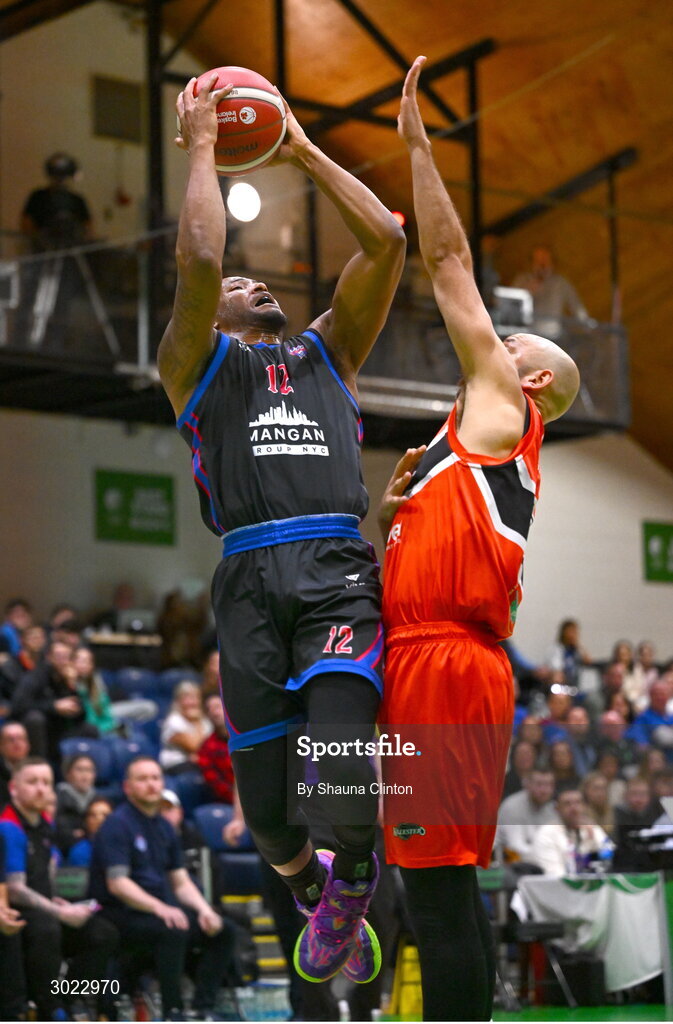 18 January 2025; Patrick Robinson of UCC Demons in action against Isaac Westbrooks of Killester during the Basketball Ireland Men's Pat Duffy National Cup final match between Killester and UCC Demons at the National Basketball Arena in Tallaght, Dublin. Photo by Shauna Clinton/Sportsfile