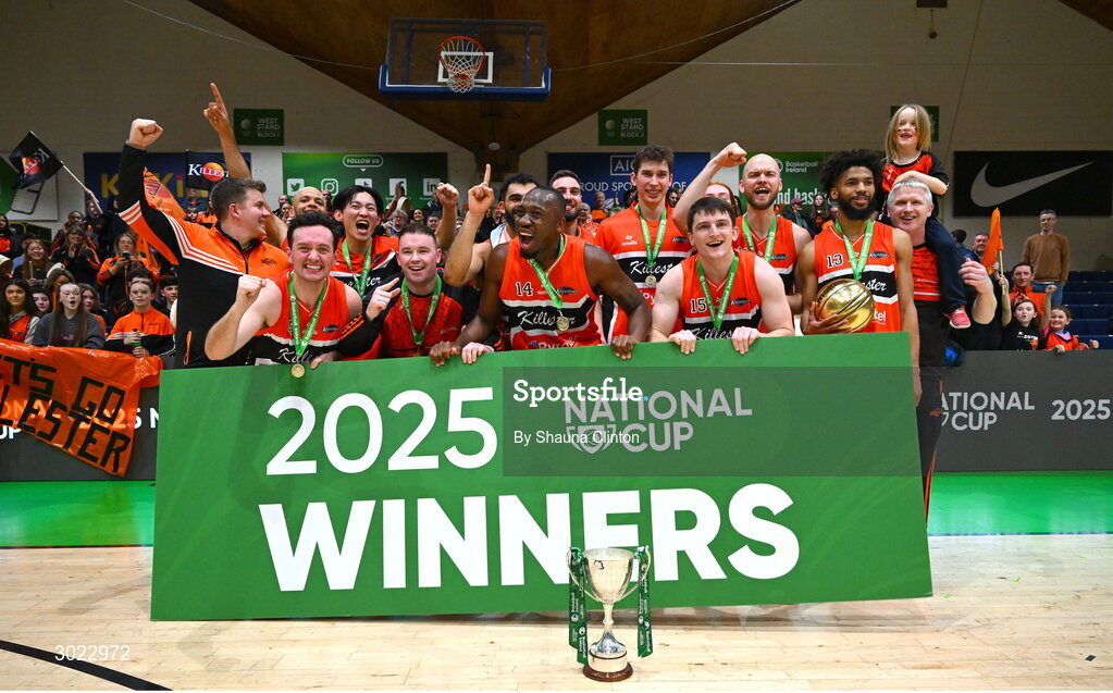 18 January 2025; Killester players celebrate with the Pat Duffy Cup after their side's victory in the Basketball Ireland Men's Pat Duffy National Cup final match between Killester and UCC Demons at the National Basketball Arena in Tallaght, Dublin. Photo by Shauna Clinton/Sportsfile