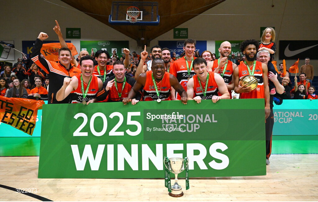 18 January 2025; Killester players celebrate with the Pat Duffy Cup after their side's victory in the Basketball Ireland Men's Pat Duffy National Cup final match between Killester and UCC Demons at the National Basketball Arena in Tallaght, Dublin. Photo by Shauna Clinton/Sportsfile