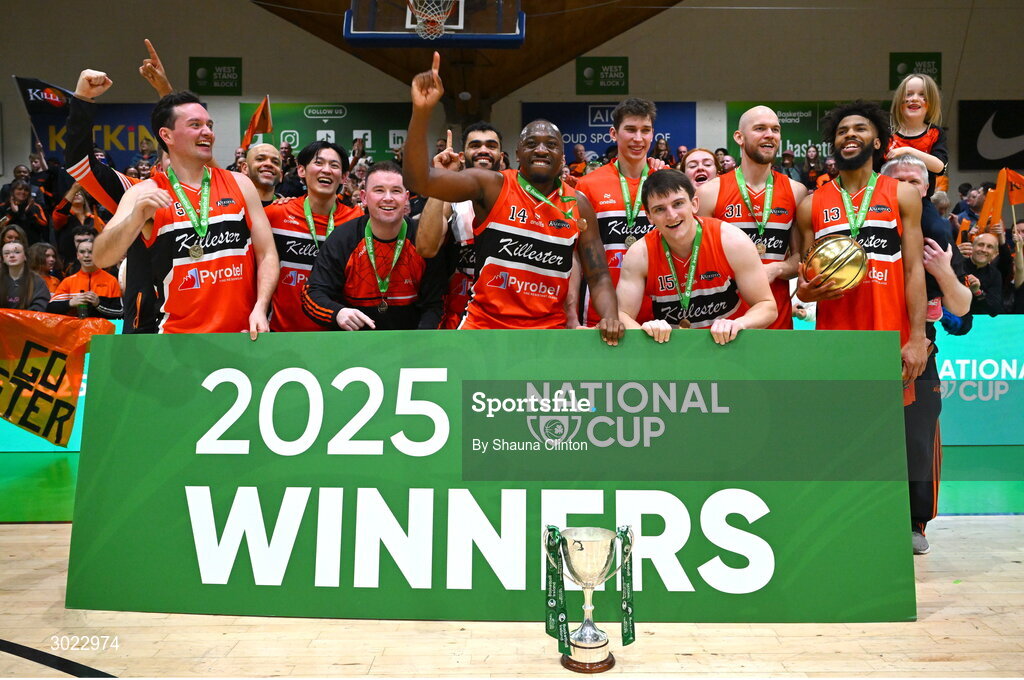 18 January 2025; Killester players celebrate with the Pat Duffy Cup after their side's victory in the Basketball Ireland Men's Pat Duffy National Cup final match between Killester and UCC Demons at the National Basketball Arena in Tallaght, Dublin. Photo by Shauna Clinton/Sportsfile