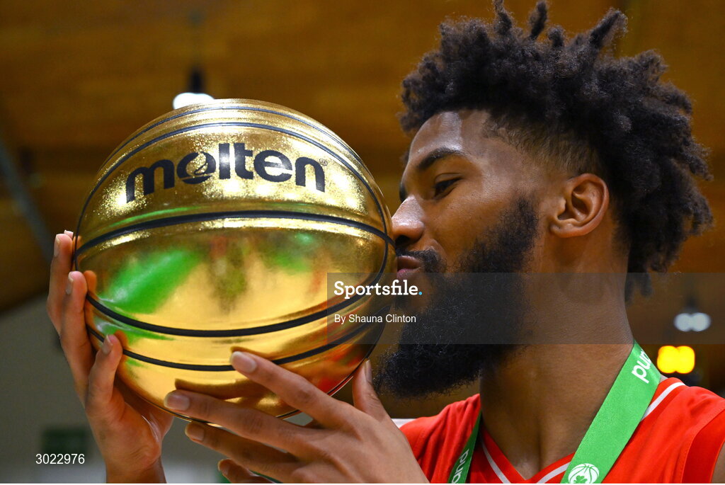 18 January 2025; Isiah Dasher of Killester with the MVP award after his side's victory in the Basketball Ireland Men's Pat Duffy National Cup final match between Killester and UCC Demons at the National Basketball Arena in Tallaght, Dublin. Photo by Shauna Clinton/Sportsfile