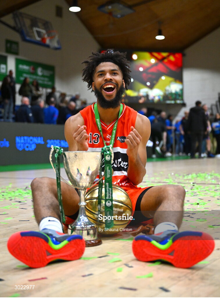 18 January 2025; Isiah Dasher of Killester with the MVP award and the Pat Duffy Cup after his side's victory in the Basketball Ireland Men's Pat Duffy National Cup final match between Killester and UCC Demons at the National Basketball Arena in Tallaght, Dublin. Photo by Shauna Clinton/Sportsfile