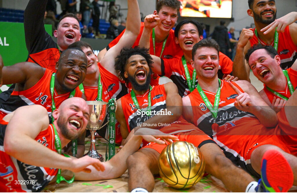 18 January 2025; Killester players celebrate with the Pat Duffy Cup after their side's victory in the Basketball Ireland Men's Pat Duffy National Cup final match between Killester and UCC Demons at the National Basketball Arena in Tallaght, Dublin. Photo by Shauna Clinton/Sportsfile