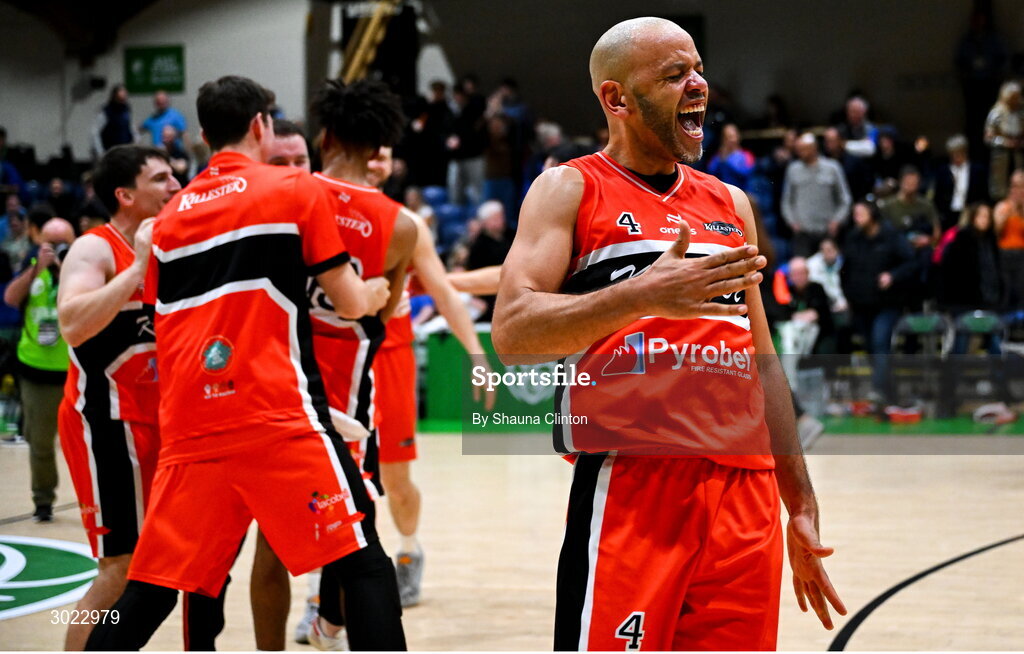 18 January 2025; Isaac Westbrooks of Killester celebrates after his side's victory in the Basketball Ireland Men's Pat Duffy National Cup final match between Killester and UCC Demons at the National Basketball Arena in Tallaght, Dublin. Photo by Shauna Clinton/Sportsfile