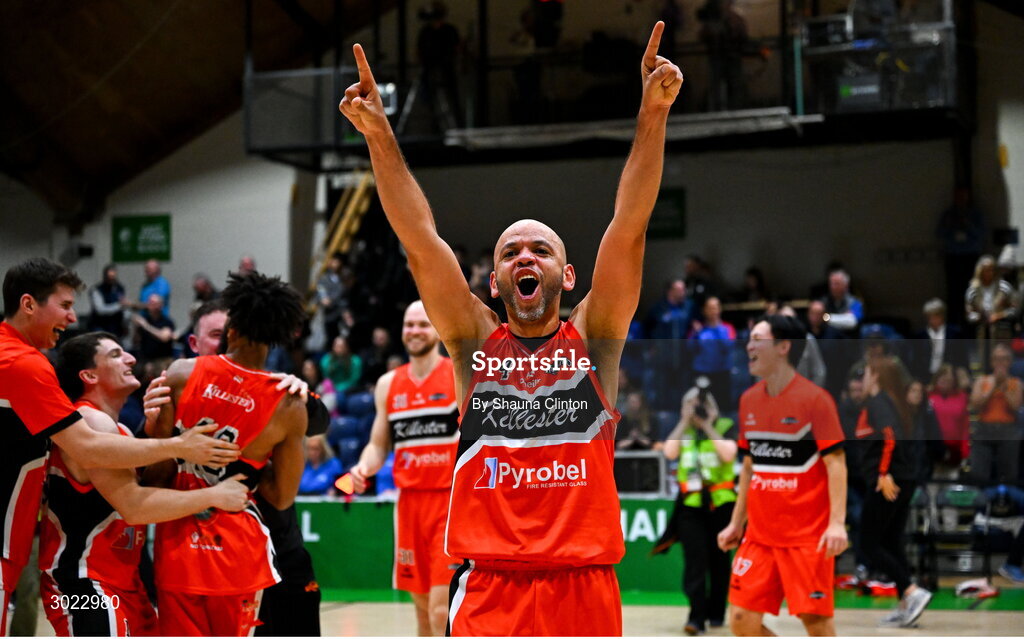 18 January 2025; Isaac Westbrooks of Killester celebrates after his side's victory in the Basketball Ireland Men's Pat Duffy National Cup final match between Killester and UCC Demons at the National Basketball Arena in Tallaght, Dublin. Photo by Shauna Clinton/Sportsfile