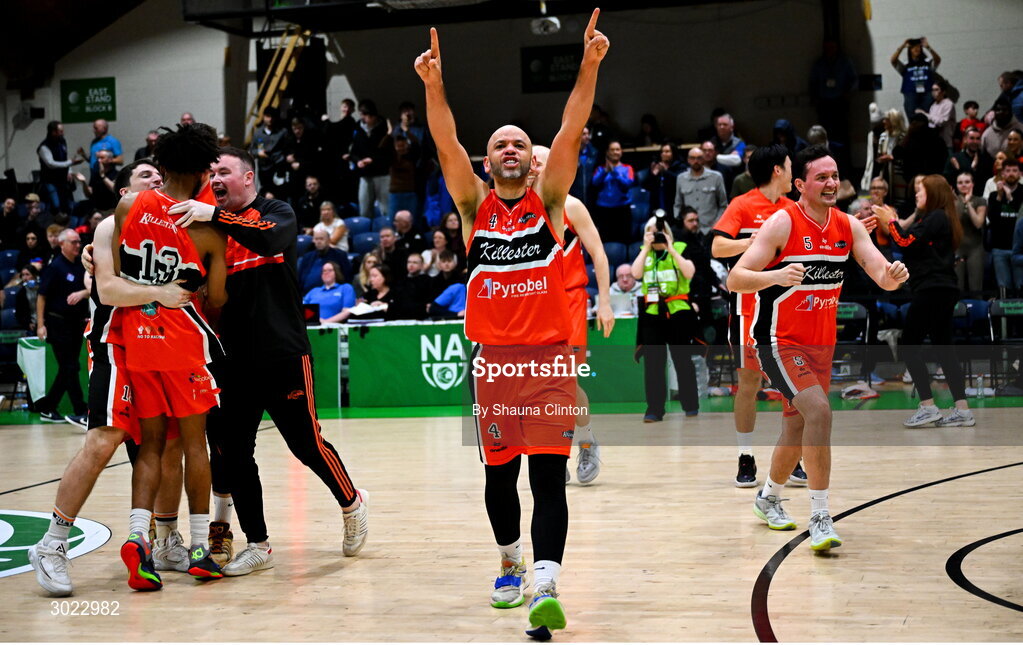 18 January 2025; Isaac Westbrooks of Killester celebrates after his side's victory in the Basketball Ireland Men's Pat Duffy National Cup final match between Killester and UCC Demons at the National Basketball Arena in Tallaght, Dublin. Photo by Shauna Clinton/Sportsfile