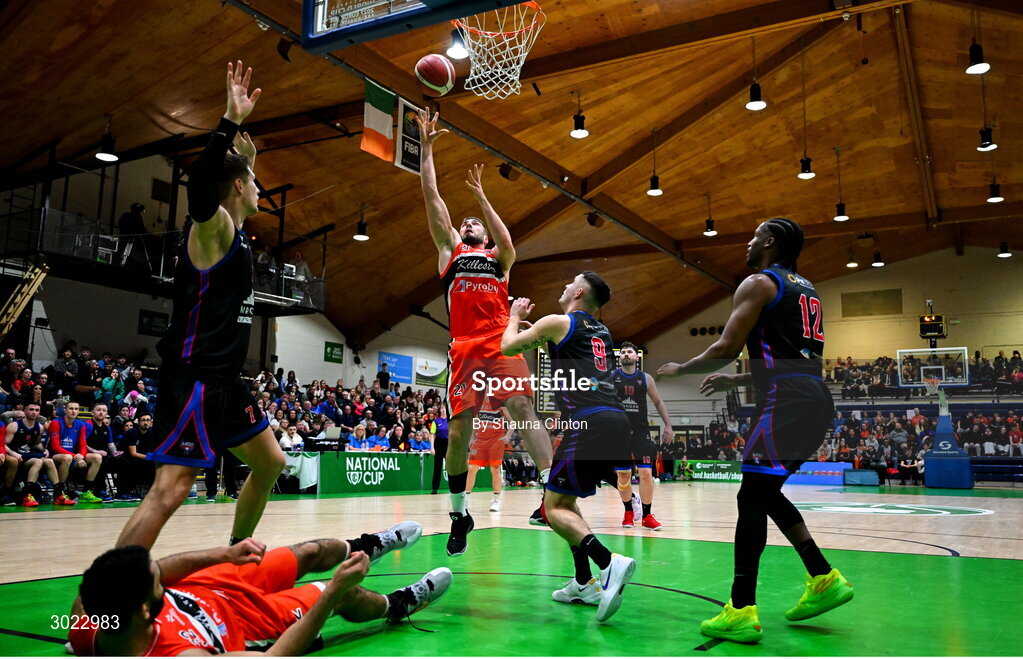 18 January 2025; Baptiste Chazelas of Killester scores a basket during the Basketball Ireland Men's Pat Duffy National Cup final match between Killester and UCC Demons at the National Basketball Arena in Tallaght, Dublin. Photo by Shauna Clinton/Sportsfile