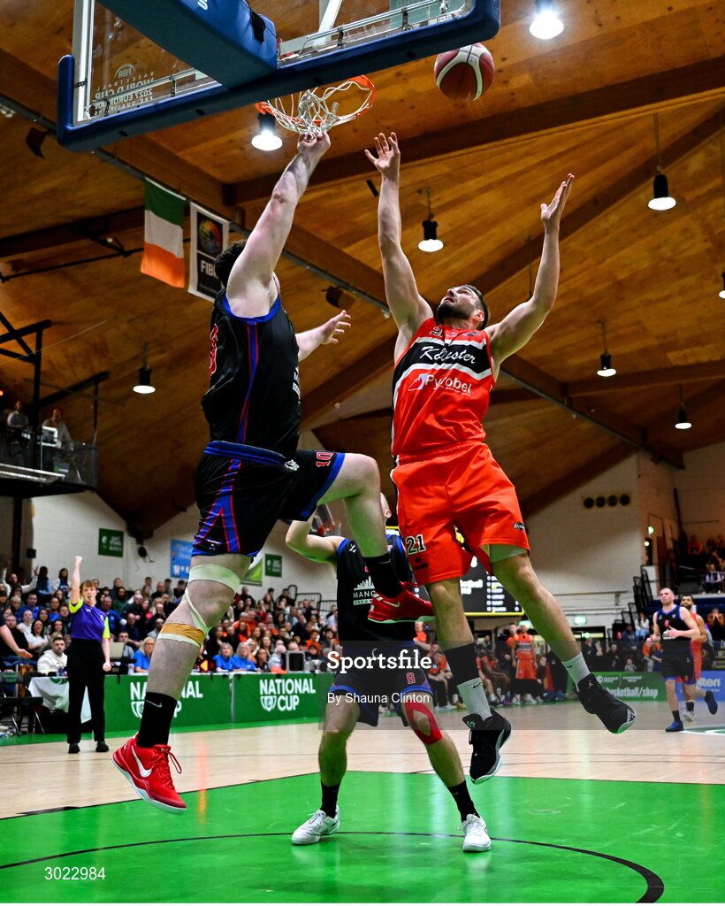 18 January 2025; Baptiste Chazelas of Killester in action against David Lehane of UCC Demons during the Basketball Ireland Men's Pat Duffy National Cup final match between Killester and UCC Demons at the National Basketball Arena in Tallaght, Dublin. Photo by Shauna Clinton/Sportsfile