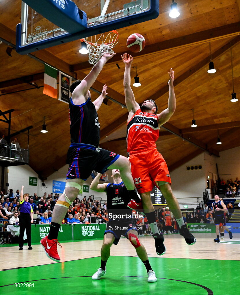 18 January 2025; Baptiste Chazelas of Killester in action against David Lehane of UCC Demons during the Basketball Ireland Men's Pat Duffy National Cup final match between Killester and UCC Demons at the National Basketball Arena in Tallaght, Dublin. Photo by Shauna Clinton/Sportsfile