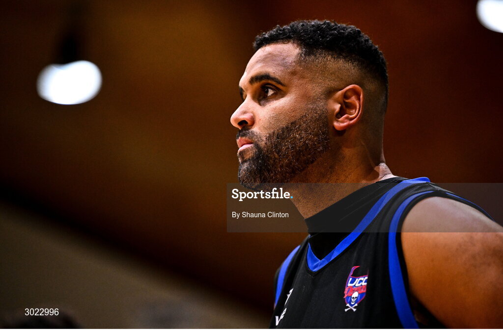 18 January 2025; Carlton Cuff of UCC Demons dejected after his side's defeat in the Basketball Ireland Men's Pat Duffy National Cup final match between Killester and UCC Demons at the National Basketball Arena in Tallaght, Dublin. Photo by Shauna Clinton/Sportsfile