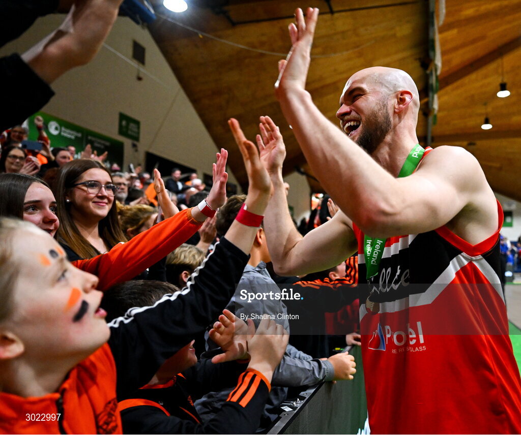 18 January 2025; Isaac Westbrooks of Killester celebrates with supporters after his side's victory in the Basketball Ireland Men's Pat Duffy National Cup final match between Killester and UCC Demons at the National Basketball Arena in Tallaght, Dublin. Photo by Shauna Clinton/Sportsfile