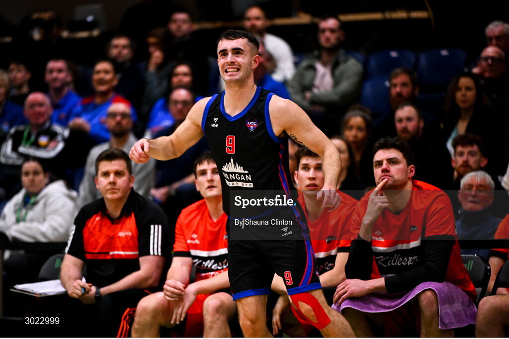 18 January 2025; Kyle Hosford of UCC Demons reacts during the Basketball Ireland Men's Pat Duffy National Cup final match between Killester and UCC Demons at the National Basketball Arena in Tallaght, Dublin. Photo by Shauna Clinton/Sportsfile