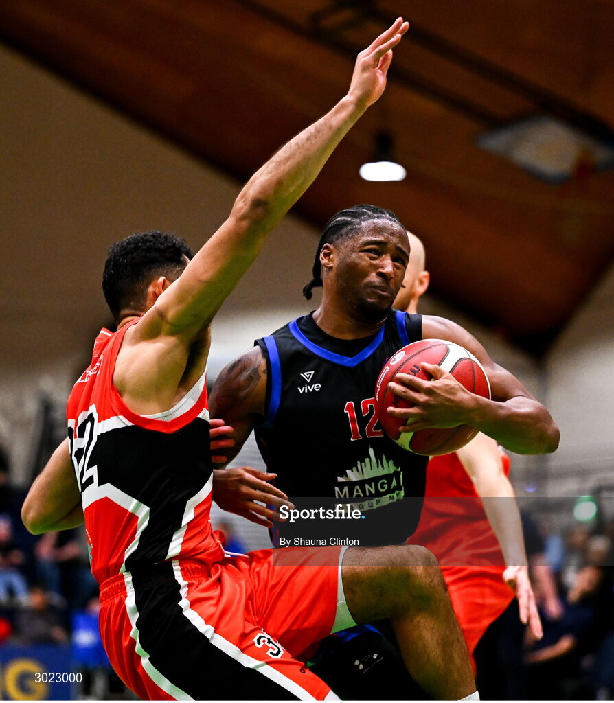 18 January 2025; Patrick Robinson of UCC Demons in action against Kason Harrell of Killester during the Basketball Ireland Men's Pat Duffy National Cup final match between Killester and UCC Demons at the National Basketball Arena in Tallaght, Dublin. Photo by Shauna Clinton/Sportsfile