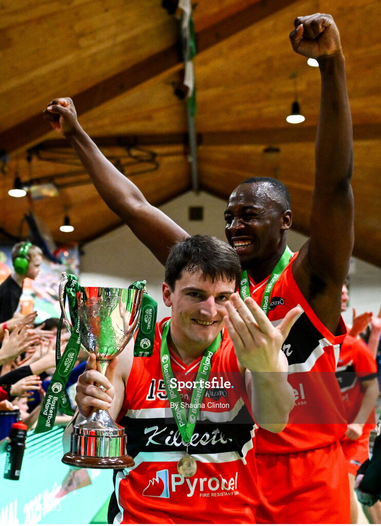 18 January 2025; Killester captain Ciaran Roe, centre, celebrates with team-mates after their side's victory in the Basketball Ireland Men's Pat Duffy National Cup final match between Killester and UCC Demons at the National Basketball Arena in Tallaght, Dublin. Photo by Shauna Clinton/Sportsfile