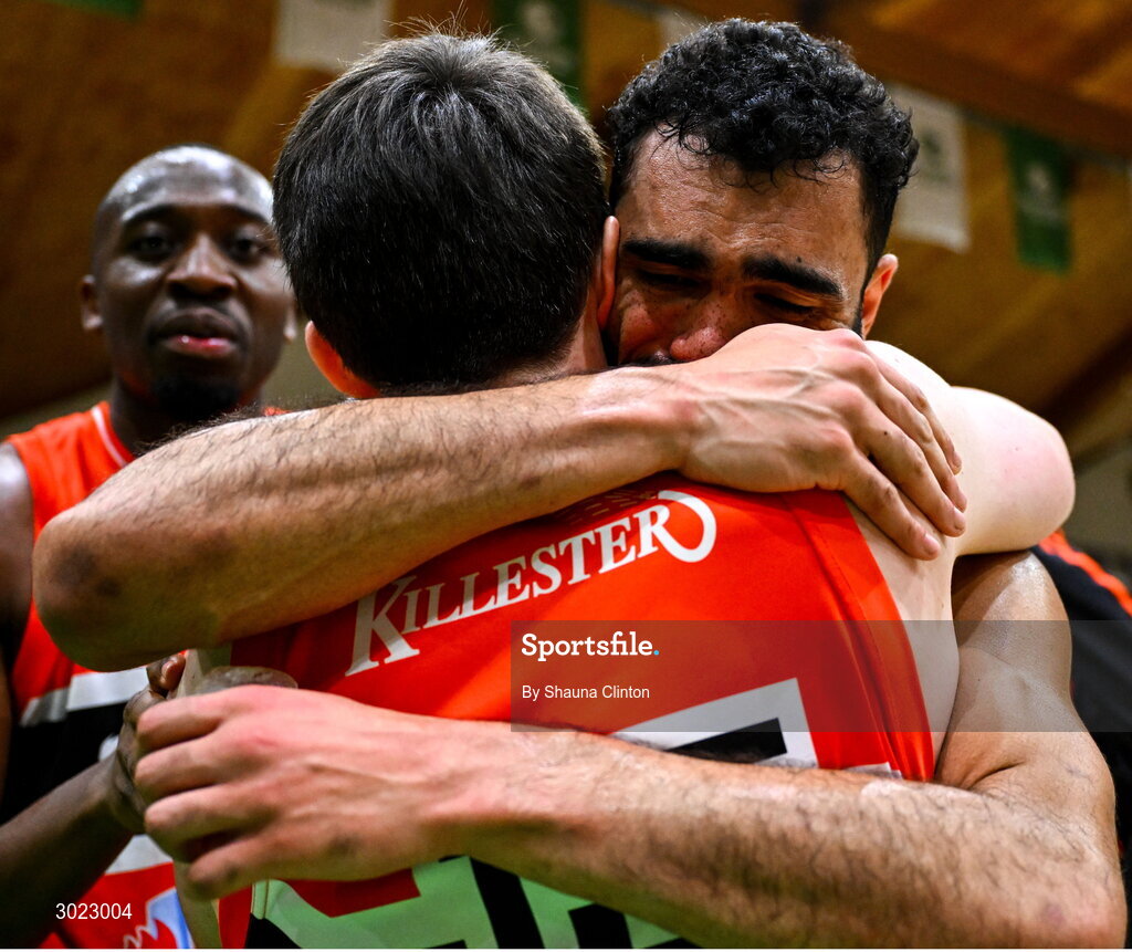 18 January 2025; Isiah Dasher of Killester, right, celebrates with team-mate Ciaran Roe after their side's victory in the Basketball Ireland Men's Pat Duffy National Cup final match between Killester and UCC Demons at the National Basketball Arena in Tallaght, Dublin. Photo by Shauna Clinton/Sportsfile