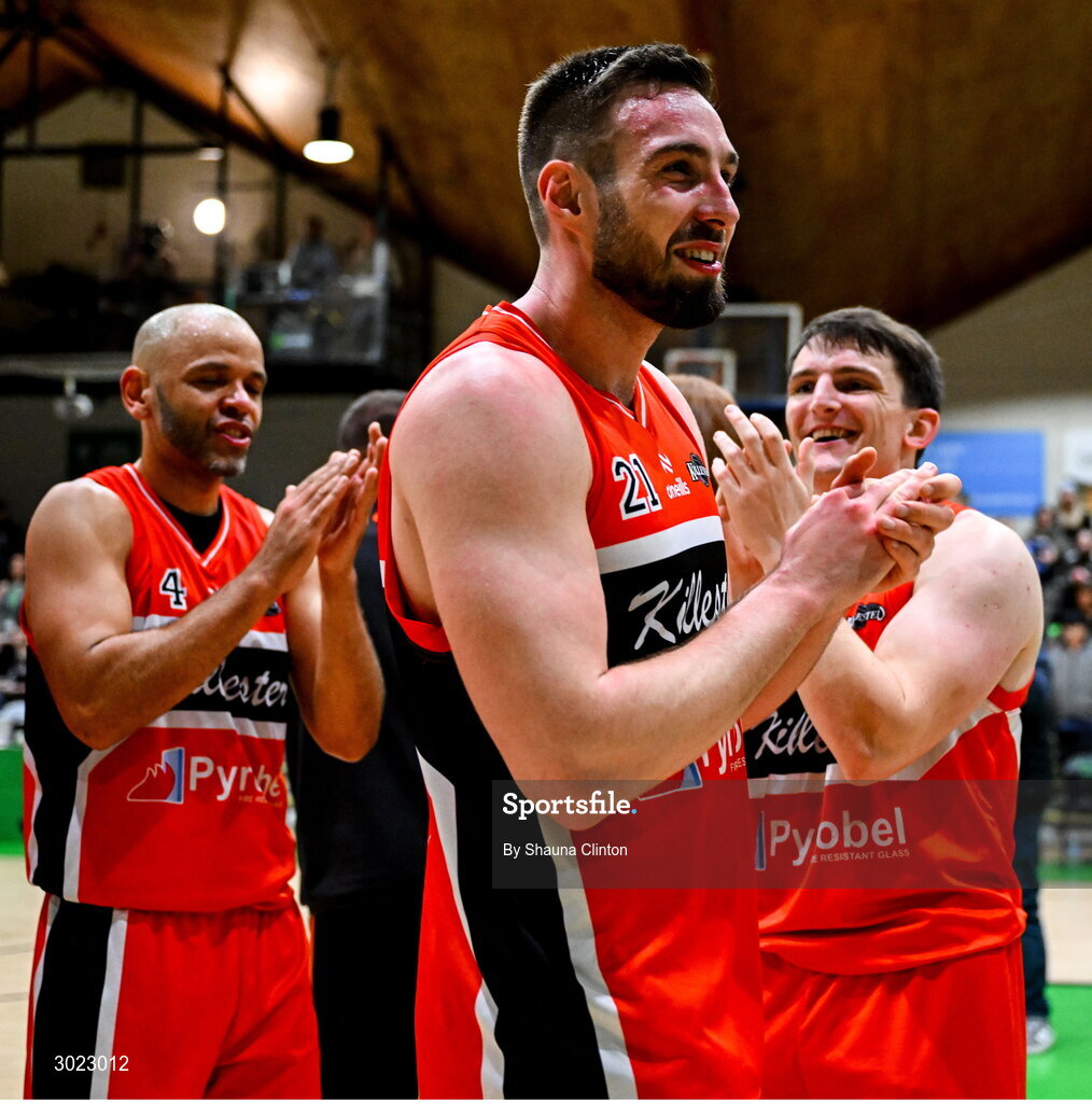 18 January 2025; Baptiste Chazelas of Killester celebrates after his side's victory in the Basketball Ireland Men's Pat Duffy National Cup final match between Killester and UCC Demons at the National Basketball Arena in Tallaght, Dublin. Photo by Shauna Clinton/Sportsfile