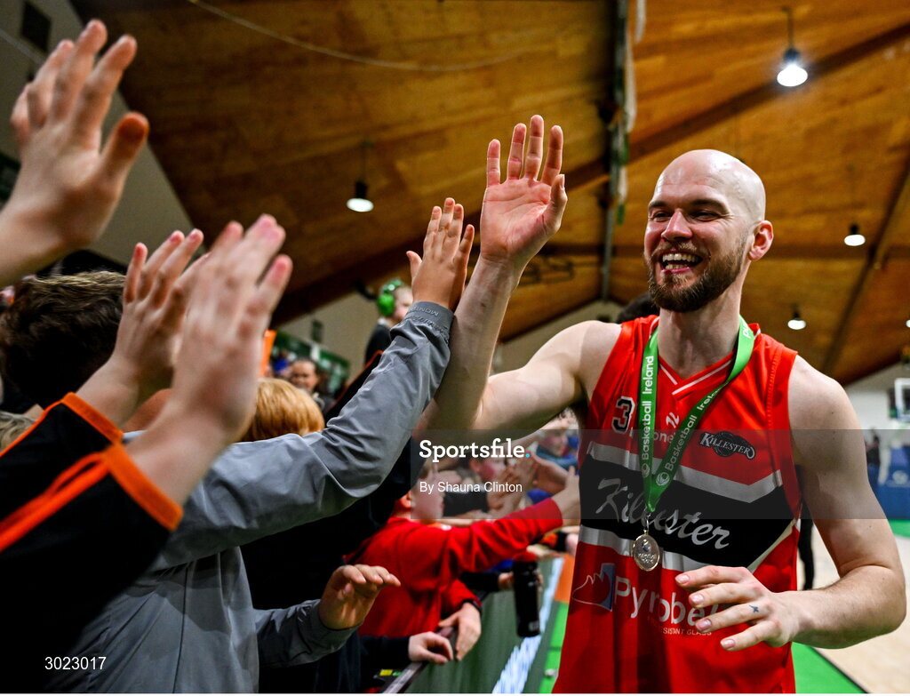18 January 2025; Isaac Westbrooks of Killester celebrates with supporters after his side's victory in the Basketball Ireland Men's Pat Duffy National Cup final match between Killester and UCC Demons at the National Basketball Arena in Tallaght, Dublin. Photo by Shauna Clinton/Sportsfile