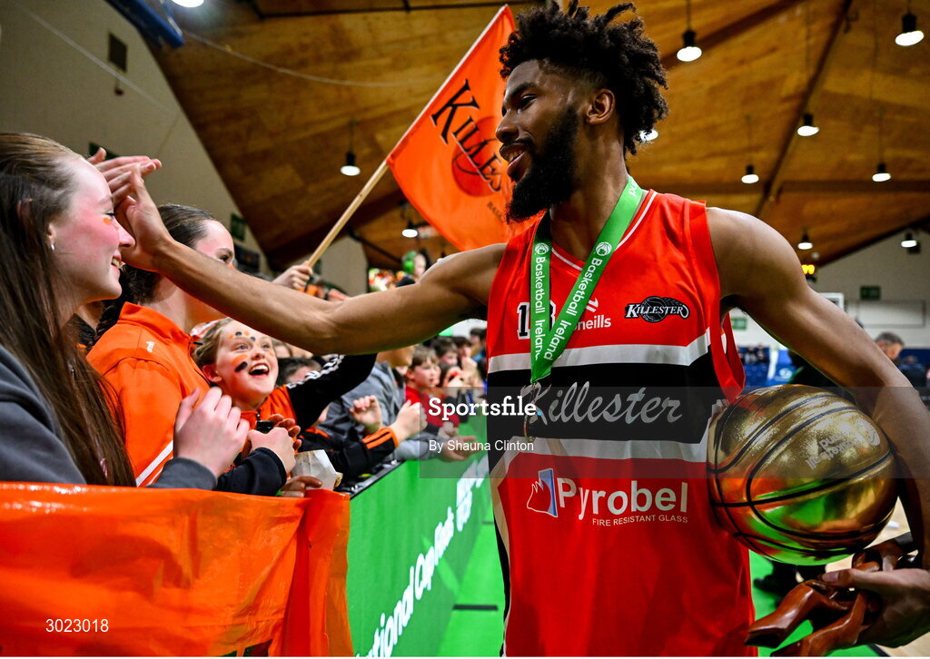 18 January 2025; Isiah Dasher of Killester celebrates with supporters after his side's victory in the Basketball Ireland Men's Pat Duffy National Cup final match between Killester and UCC Demons at the National Basketball Arena in Tallaght, Dublin. Photo by Shauna Clinton/Sportsfile