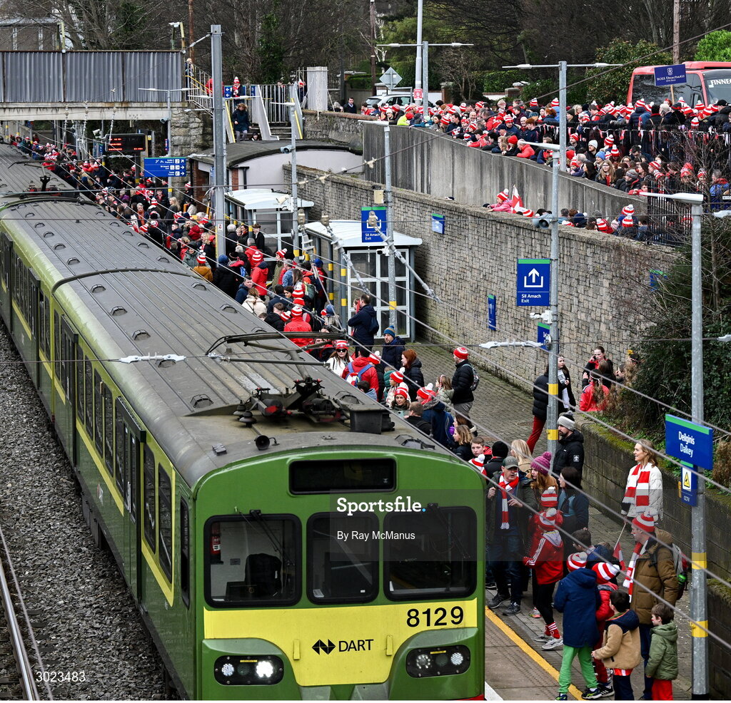 19 January 2025; Supporters of the Cuala G.A.A. club as they prepare to board a DART train on their way to the AIB GAA Football All-Ireland Senior Club Championship final match between Cuala and Errigal Ciarán in Croke Park, Dublin. Photo by Ray McManus/Sportsfile