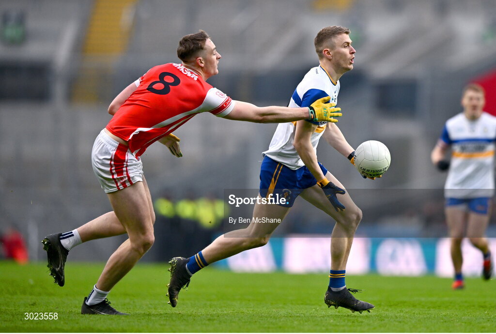 19 January 2025; Ben McDonnell of Errigal Ciarán in action against Peadar Ó Cofaigh Byrne of Cuala during the AIB GAA Football All-Ireland Senior Club Championship final match between Cuala and Errigal Ciarán at Croke Park in Dublin. Photo by Ben McShane/Sportsfile