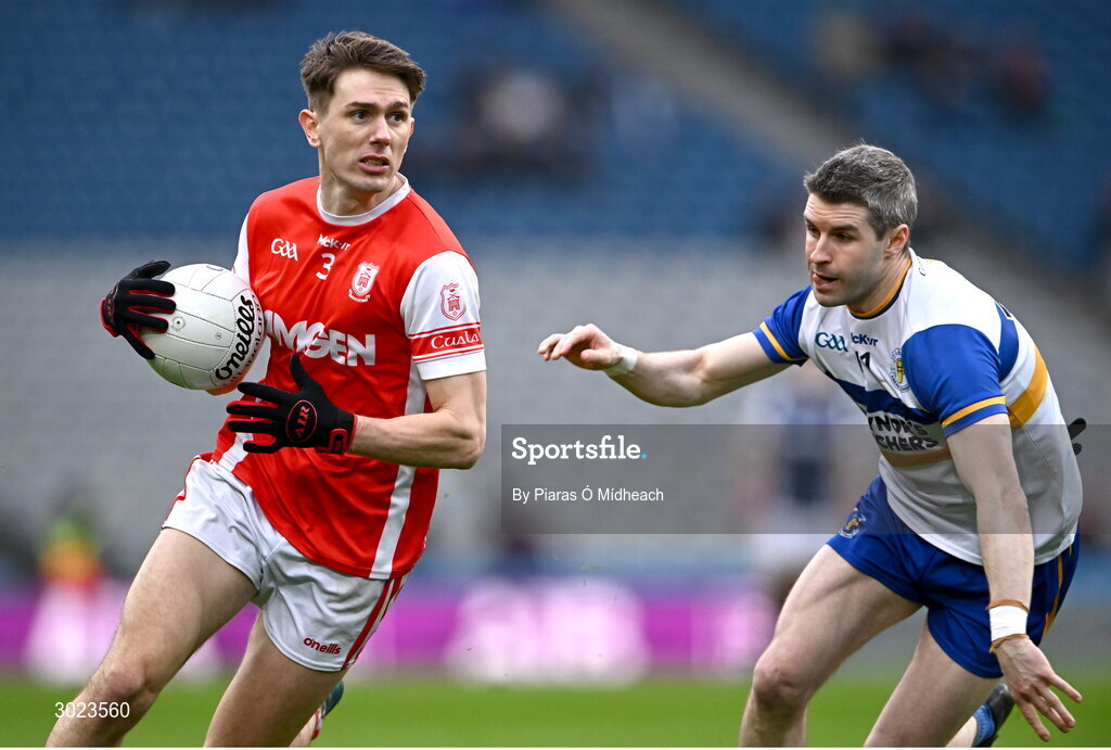 19 January 2025; Michael Fitzsimons of Cuala in action against Thomas Canavan of Errigal Ciarán during the AIB GAA Football All-Ireland Senior Club Championship final match between Cuala and Errigal Ciarán at Croke Park in Dublin. Photo by Piaras Ó Mídheach/Sportsfile