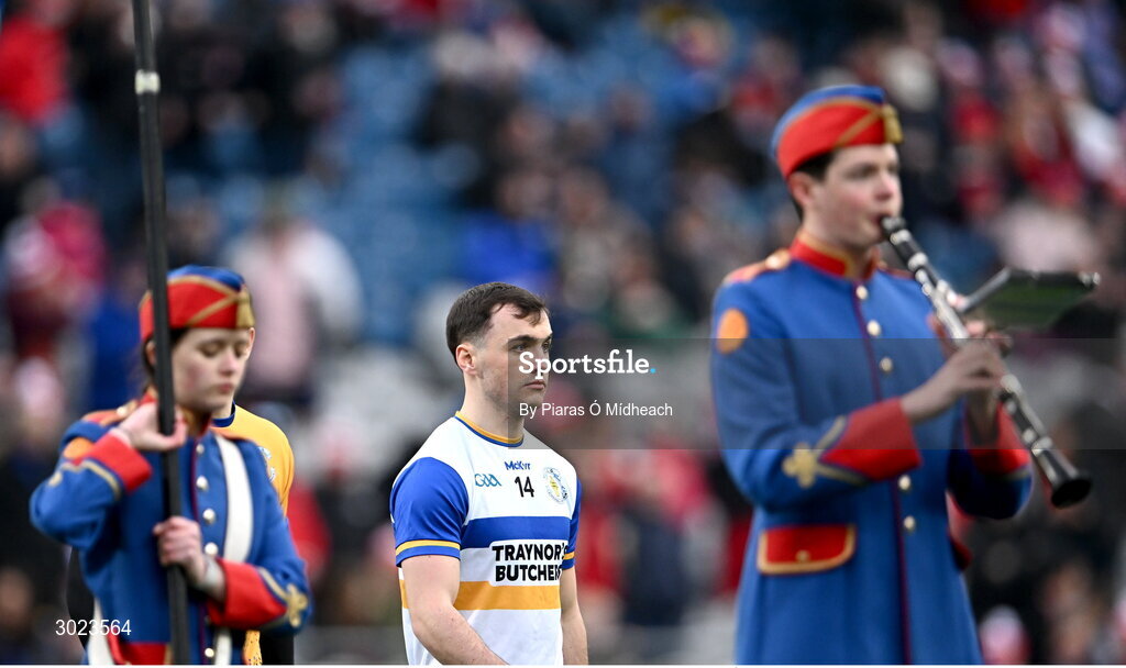 19 January 2025; Errigal Ciarán captain Darragh Canavan leads his team-mates in the parade before the AIB GAA Football All-Ireland Senior Club Championship final match between Cuala and Errigal Ciarán at Croke Park in Dublin. Photo by Piaras Ó Mídheach/Sportsfile