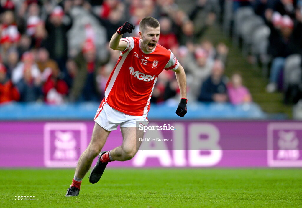 19 January 2025; Cal Doran of Cuala celebrates after scoring his side's first goal during the AIB GAA Football All-Ireland Senior Club Championship final match between Cuala and Errigal Ciarán at Croke Park in Dublin. Photo by Daire Brennan/Sportsfile