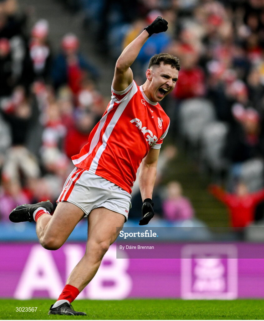 19 January 2025; David O'Dowd of Cuala celebrates after scoring his side's second goal during the AIB GAA Football All-Ireland Senior Club Championship final match between Cuala and Errigal Ciarán at Croke Park in Dublin. Photo by Daire Brennan/Sportsfile