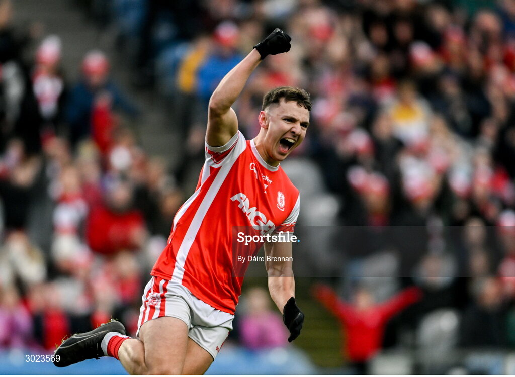 19 January 2025; David O'Dowd of Cuala celebrates after scoring his side's second goal during the AIB GAA Football All-Ireland Senior Club Championship final match between Cuala and Errigal Ciarán at Croke Park in Dublin. Photo by Daire Brennan/Sportsfile