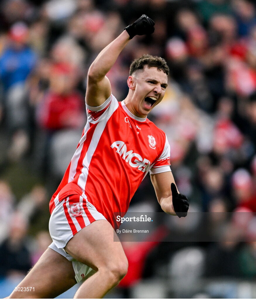 19 January 2025; David O'Dowd of Cuala celebrates after scoring his side's second goal during the AIB GAA Football All-Ireland Senior Club Championship final match between Cuala and Errigal Ciarán at Croke Park in Dublin. Photo by Daire Brennan/Sportsfile