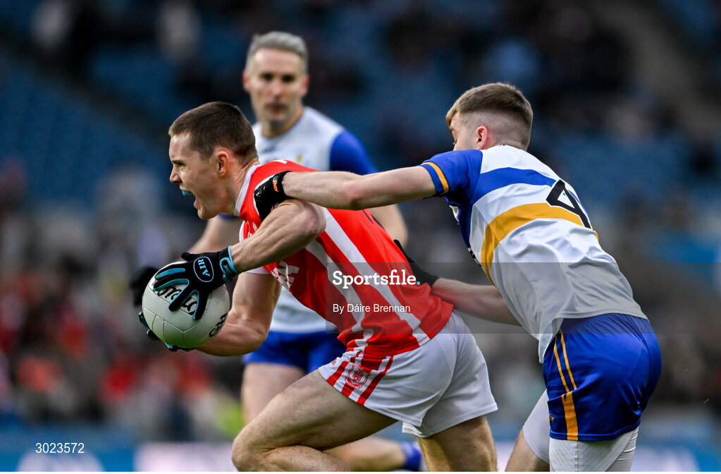 19 January 2025; Con O'Callaghan of Cuala in action against Conor Quinn of Errigal Ciarán during the AIB GAA Football All-Ireland Senior Club Championship final match between Cuala and Errigal Ciarán at Croke Park in Dublin. Photo by Daire Brennan/Sportsfile