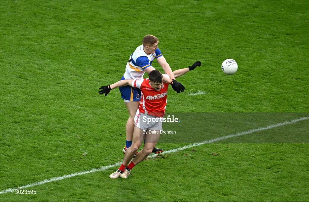19 January 2025; Niall O'Callaghan of Cuala in action against Peter Harte of Errigal Ciarán during the AIB GAA Football All-Ireland Senior Club Championship final match between Cuala and Errigal Ciarán at Croke Park in Dublin. Photo by Daire Brennan/Sportsfile
