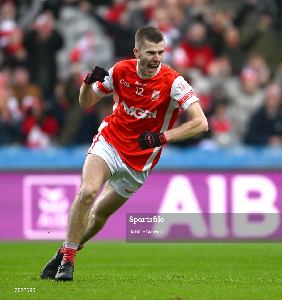19 January 2025; Cal Doran of Cuala celebrates after scoring his side's first goal during the AIB GAA Football All-Ireland Senior Club Championship final match between Cuala and Errigal Ciarán at Croke Park in Dublin. Photo by Daire Brennan/Sportsfile