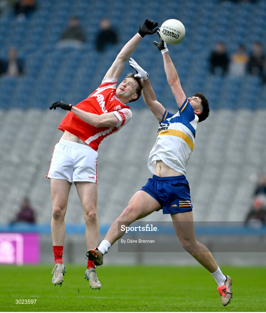 19 January 2025; Eoin Kennedy of Cuala in action against Joe Oguz of Errigal Ciarán during the AIB GAA Football All-Ireland Senior Club Championship final match between Cuala and Errigal Ciarán at Croke Park in Dublin. Photo by Daire Brennan/Sportsfile