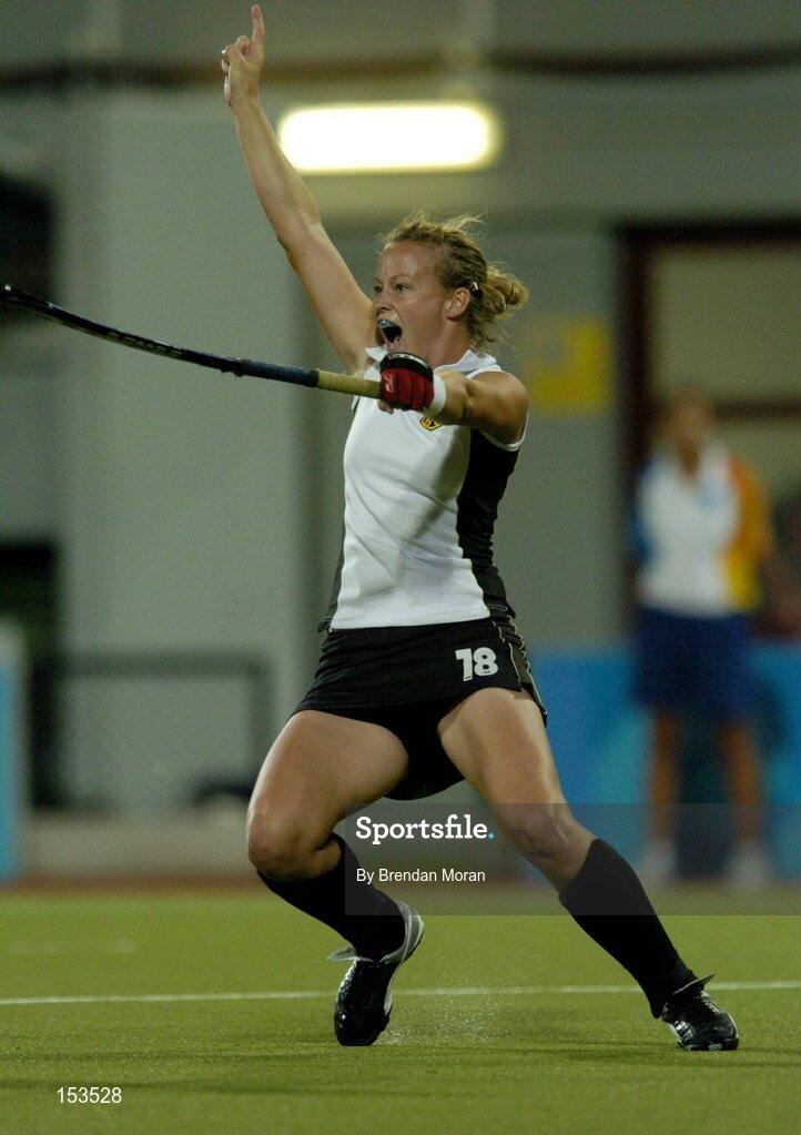 26 August 2004; Anke Kuehn of Germany celebrates scoring her sides first goal. Gold Medal Match, Netherlands v Germany, Olympic Hockey Centre, Helliniko Sports Complex. Games of the XXVIII Olympiad, Athens Summer Olympics Games 2004, Athens, Greece. Picture credit; Brendan Moran / SPORTSFILE