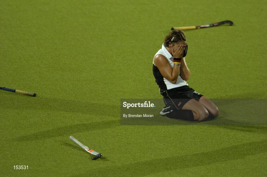 26 August 2004; Germany's Franziska Gude celebrates after victory over the Netherlands. Gold Medal Match, Netherlands v Germany, Olympic Hockey Centre, Helliniko Sports Complex. Games of the XXVIII Olympiad, Athens Summer Olympics Games 2004, Athens, Greece. Picture credit; Brendan Moran / SPORTSFILE