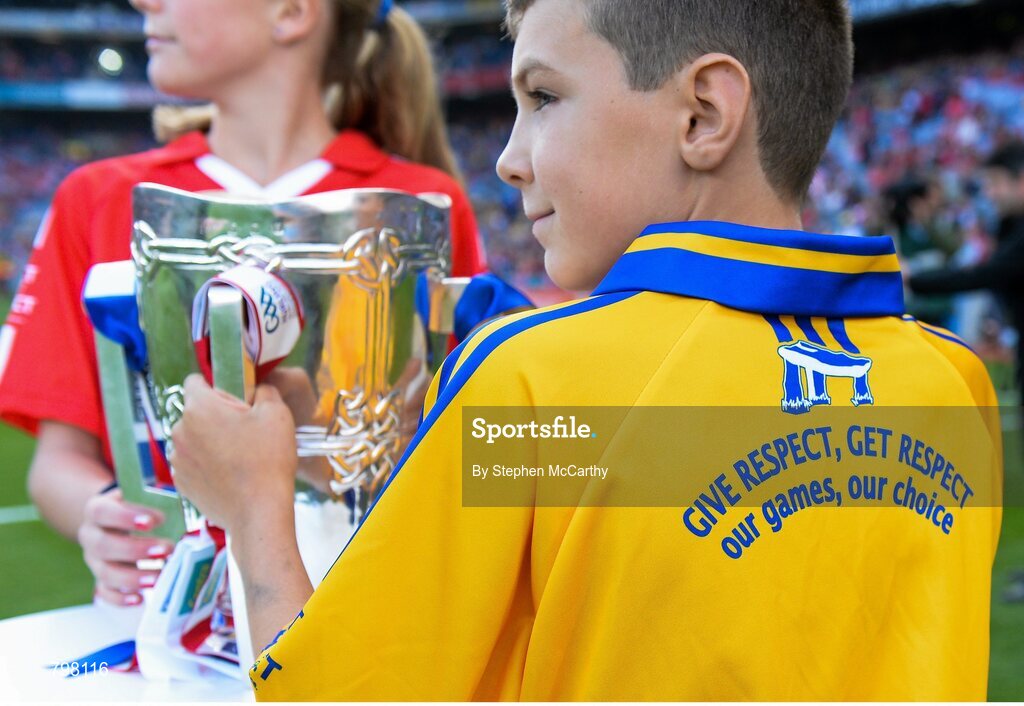 28 September 2013; A detailed view of the 'Give Respect, Get Respect' slogan as the Liam MacCarthy cup is brought to the field. GAA Hurling All-Ireland Senior Championship Final Replay, Cork v Clare, Croke Park, Dublin. Picture credit: Stephen McCarthy / SPORTSFILE