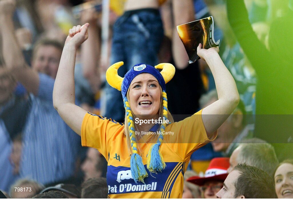 28 September 2013; A Clare supporter celebrates a score. GAA Hurling All-Ireland Senior Championship Final Replay, Cork v Clare, Croke Park, Dublin. Picture credit: Stephen McCarthy / SPORTSFILE