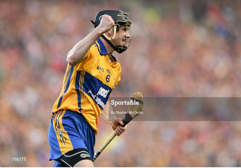 28 September 2013; Patrick Donnellan, Clare, celebrates a successful hook block during the second half. GAA Hurling All-Ireland Senior Championship Final Replay, Cork v Clare, Croke Park, Dublin. Picture credit: Stephen McCarthy / SPORTSFILE