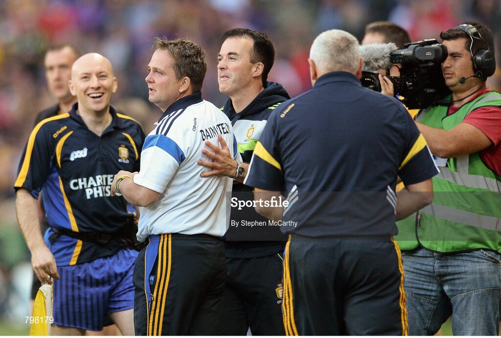 28 September 2013; Clare manager Davy Fitzgerald watches the final moments of the game with selector Louis Mulqueen. GAA Hurling All-Ireland Senior Championship Final Replay, Cork v Clare, Croke Park, Dublin. Picture credit: Stephen McCarthy / SPORTSFILE