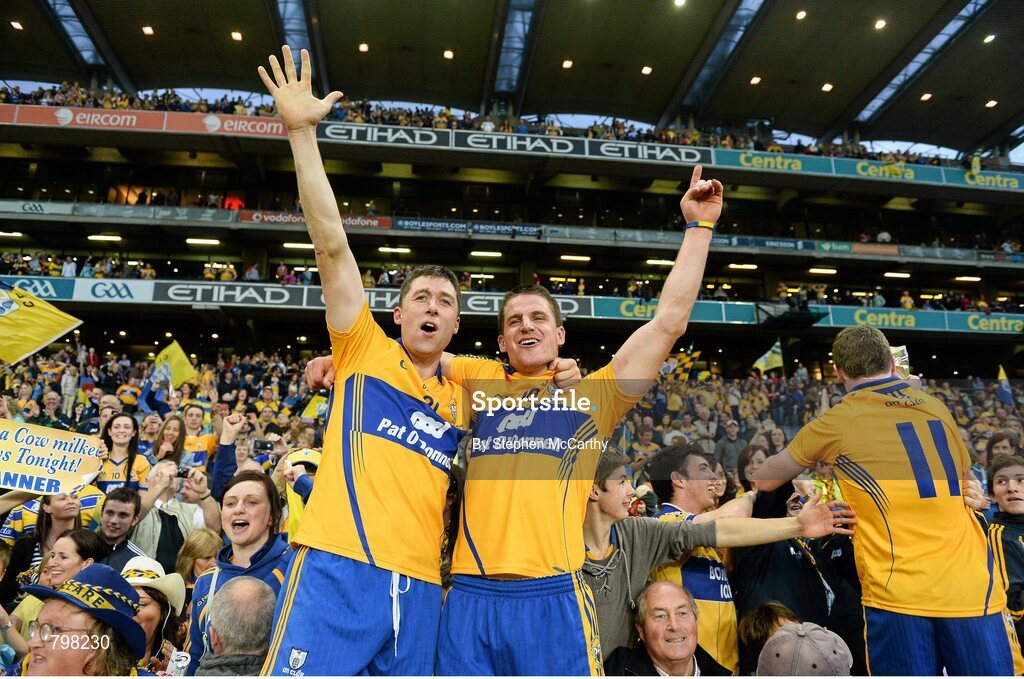 28 September 2013; Clare's Fergal Lynch, left, and John Conlon celebrate their side's victory. GAA Hurling All-Ireland Senior Championship Final Replay, Cork v Clare, Croke Park, Dublin. Picture credit: Stephen McCarthy / SPORTSFILE